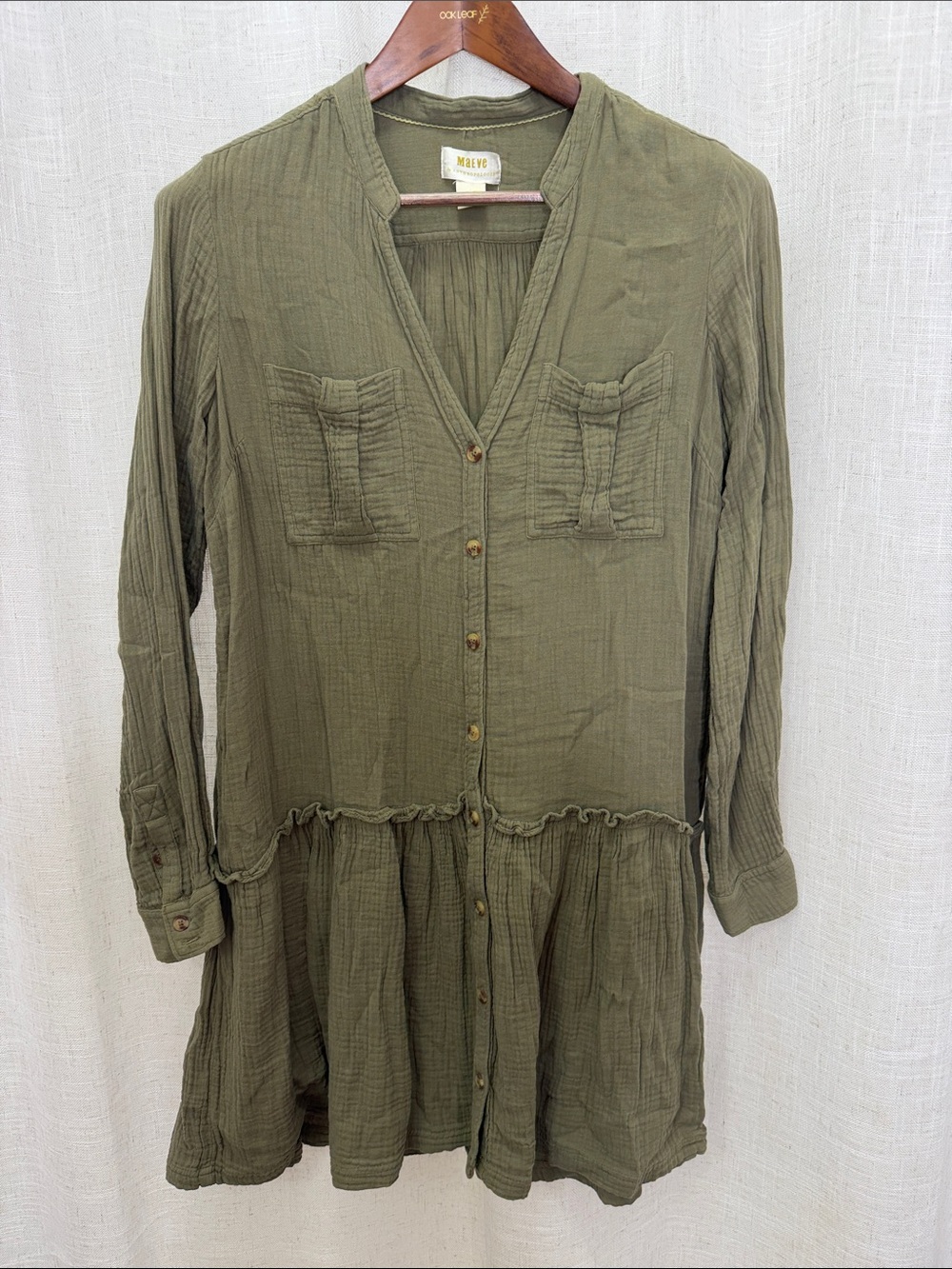 Maeve Olive Button-Front Tiered Long-Sleeve Dress Size 6 Excellent Condition
